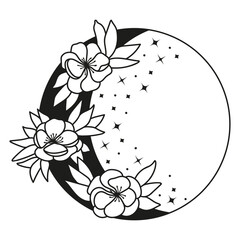 Hand drawn vector crescent moon and flowers potentilla - obrazy, fototapety, plakaty