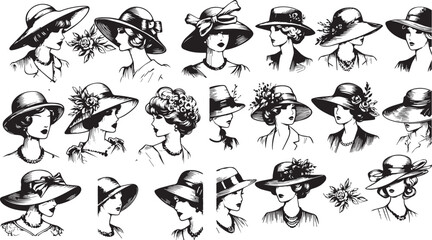 Set of hats. Girl in a hat. Fashion line illustration.
