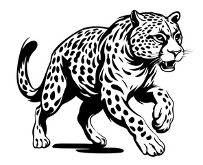 Detailed black and white drawing of a cheetah, showcasing its graceful stance and fierce expression. black vector design against white background 