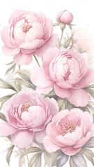 Watercolor pink peonies flowers. Floral vertical background