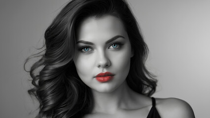 Fototapeta premium Monochrome elegant woman with red lips. Stylized black and white portrait with color makeup accent.