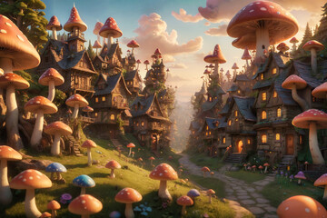 An intricate village made of psychedelic mushrooms - obrazy, fototapety, plakaty