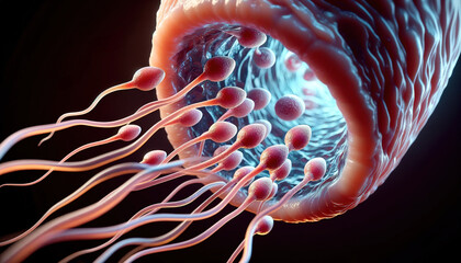 3D rendering of sperm moving to the uterus - obrazy, fototapety, plakaty