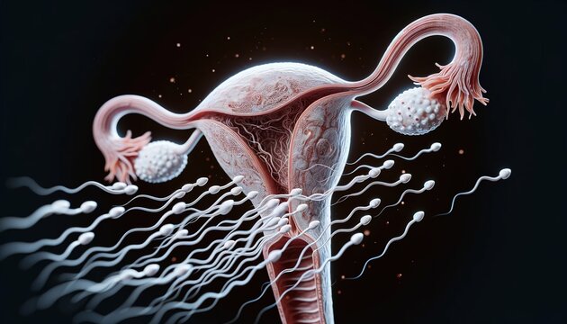 3D rendering of sperm moving to the uterus