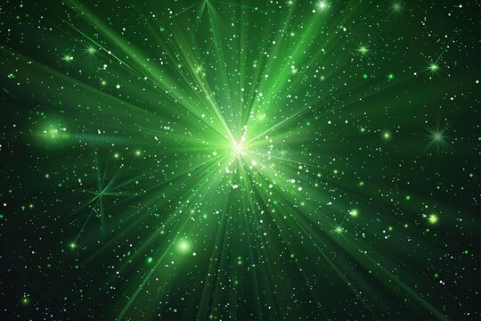 Image of green star starburst glowing on a dark background, concept of dispersion, explosion, beautiful sparkling light.