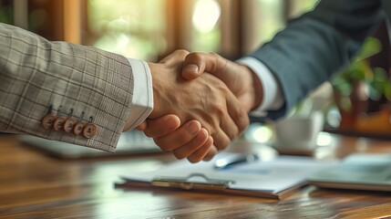 Two businessmen exchanging a handshake across a desk made of hardwood - obrazy, fototapety, plakaty
