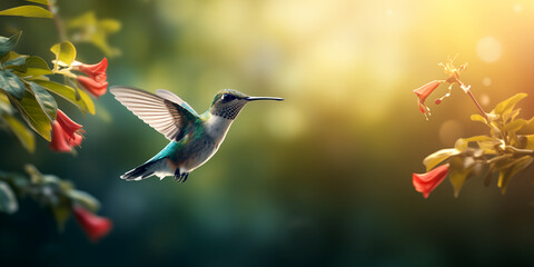 Fototapeta premium a Hummingbird coming into a flower for nectar, golden light, in a side view in a Horizontal layout, in a nature-themed, photorealistic illustration in JPG. Generative ai
