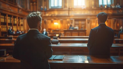 Two men in suits standing in a courtroom building