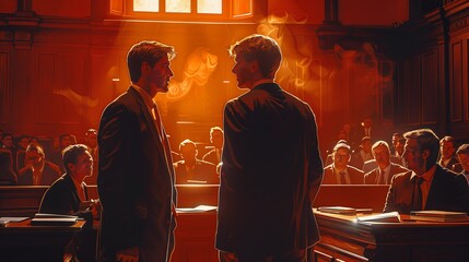 Two men in formal wear chatting in a courtroom setting - obrazy, fototapety, plakaty