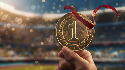 A golden medal winner number 1 on sport stadium background. - obrazy, fototapety, plakaty