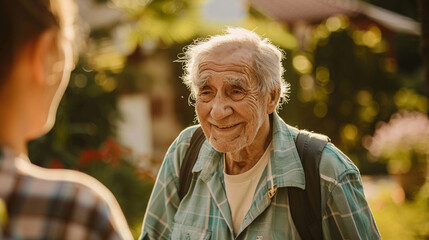An elderly individual volunteering at a hospice center, providing companionship and support to patients and their families — Creation and development, achievements and success, lov - obrazy, fototapety, plakaty
