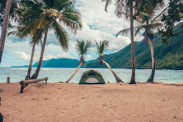 Caribbean beach in the paradise with palms tree with camping