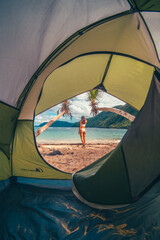 Caribbean beach in the paradise with palms tree with camping