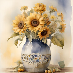 Watercolor sunflower illustration, generative ai