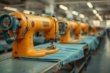 A line of professional orange sewing machines on tables in an industrial garment factory setting