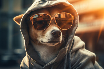 a dog wearing sunglasses and a hoodie