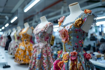 Various colorful and floral dresses with intricate designs displayed on mannequins in a design workshop