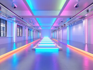 Neon Glow Industrial Loft. Spacious industrial loft illuminated by vibrant neon lights with a...