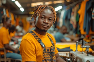 A young African male tailor with orange braids smiles while working in a vibrant textile factory