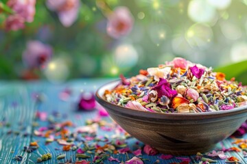 Potpourri in a bronze bowl on the blue wooden table on floral bokeh background with copy space