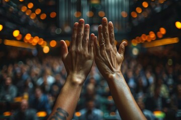 Two hands clapping enthusiastically with a bokeh of a cheering crowd in the background, symbolizing appreciation - obrazy, fototapety, plakaty