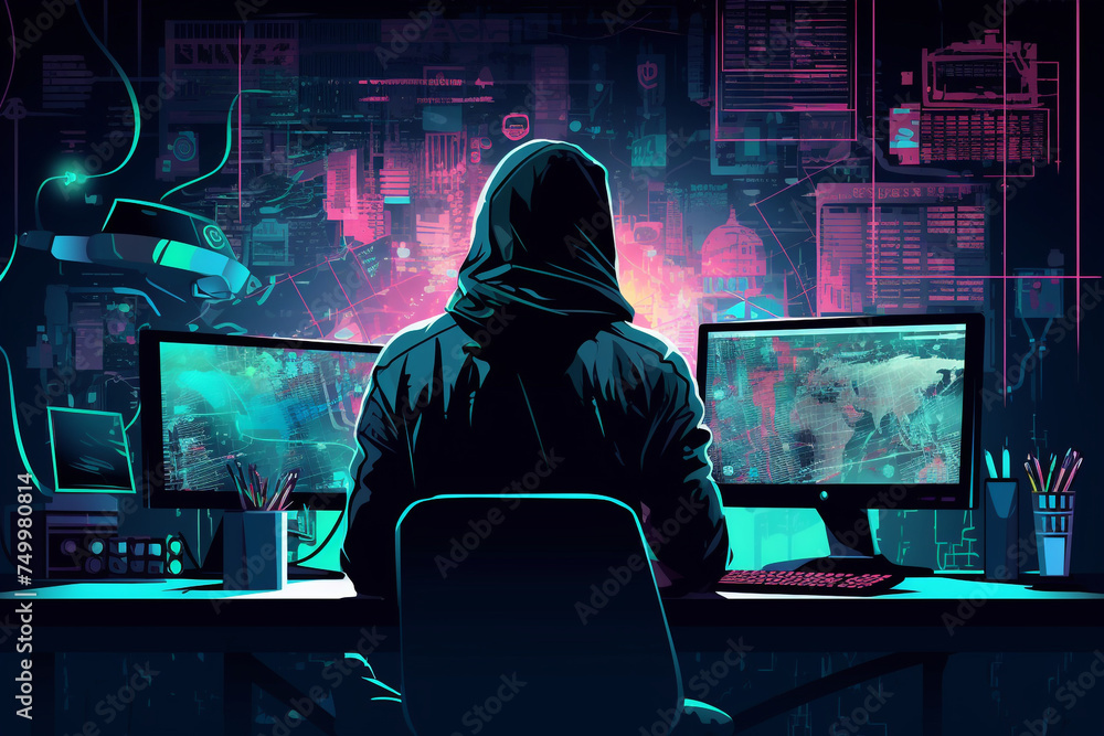 Poster hacker in front of his computer committing cyber crime digital, vector, neon, dark background