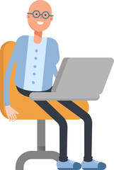 Bald Man Character Working on Laptop
