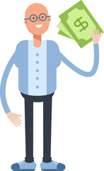 Bald Man Character Holding Dollar Banknotes

