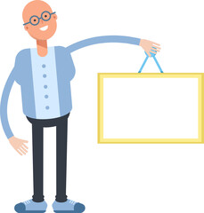 Bald Man Character Holding Blank Signage
