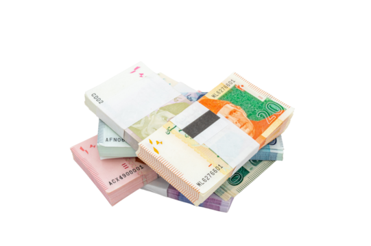 Different denominations of Pakistani banknotes bundles on white isolated background