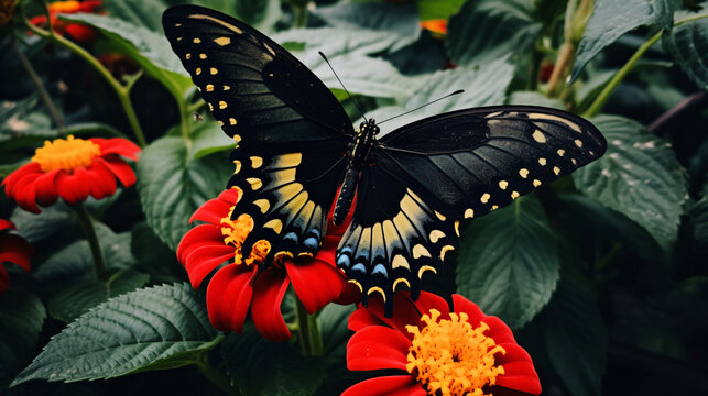 A black and yellow butterfly lands on a red flower