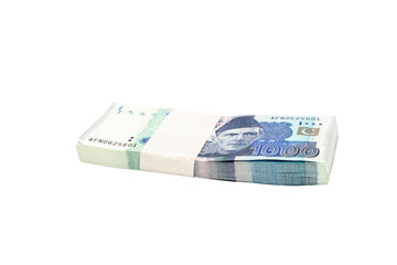 Pakistan one thousand rupees bundle on white isolated background