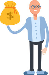 Bald Man Character Holding Dollar Sack
