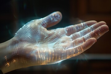 Fototapeta premium Close up palm hand with binary numbers. Concept of scanning identity information with a computer system. Binary numbers.