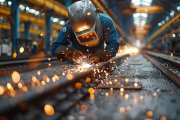 Image captures a worker engrossed in welding with bright sparks illuminating the factory