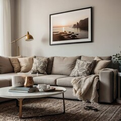 Cozy Scandinavian Interior with Empty Frames, Furniture, Plants, and Lamps





