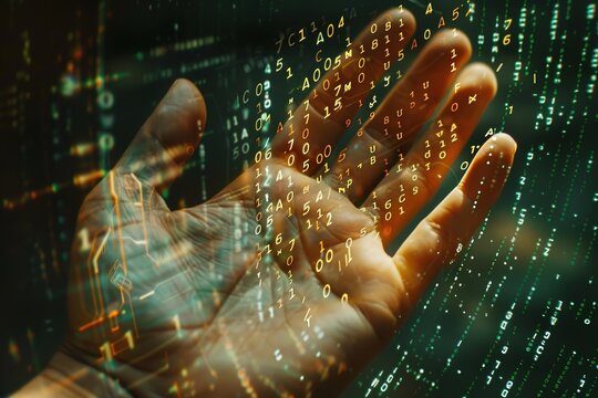 Close up palm hand with binary numbers 