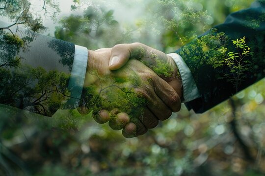 Close up of businessmen's hands shaking hands Double exposure environmental theme concept environmental conservation Collaboration of the ESG business sector