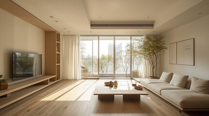 Fototapeta premium Modern Interior. designer touch decoration. Contemporary living space. White living room interior with sofa and armchair, shelf with art decoration, carpet on hardwood floor. Panoramic windows.