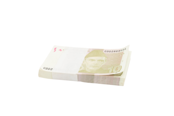 Pakistan ten rupees denomination note bundle on white isolated background