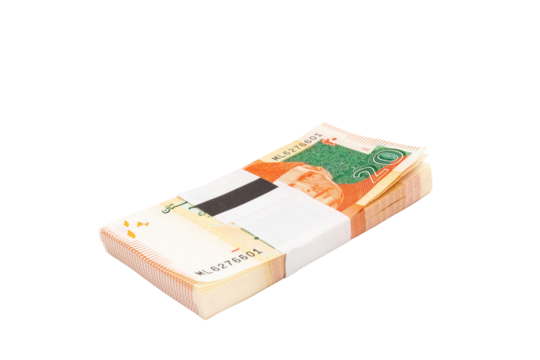 Twenty rupees banknote bundle of Pakistani currency on white isolated background