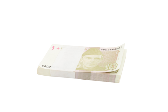 Pakistan ten rupees denomination note bundle on white isolated background