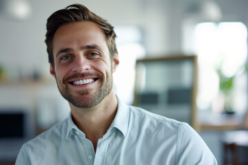 Obraz premium Smiling Professional Man Exhibiting Casual Confidence in Modern Office Space, Embracing Work-Life Balance