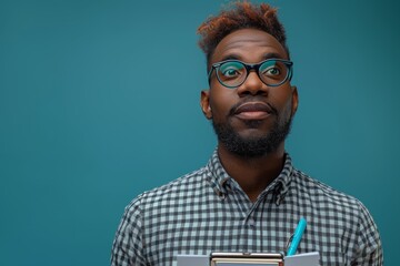 An inquisitive African-American man wearing glasses looks upwards while holding a clipboard and pen