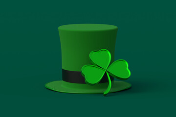 Shamrock near leprechaun hat on green background. St Patrick's Day holiday. Irish tradition. Lucky symbol. 3d render