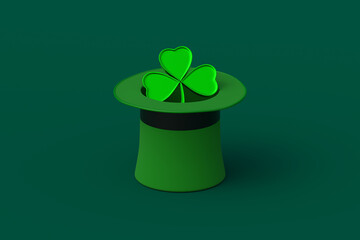 Shamrock on hat on green background. St Patrick's Day holiday. Irish tradition. Lucky symbol. 3d render