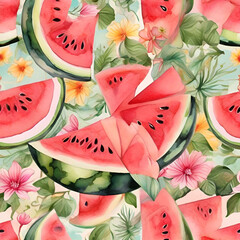 Watercolor watermelon pattern, generative ai