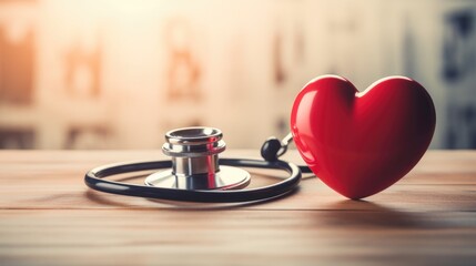 Black stethoscope and red heart, close-up. Healthcare. The concept of cardiology. The concept of health insurance. Cardiology.