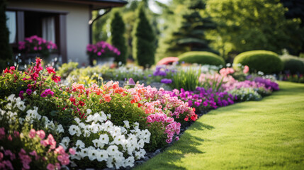  A bright flower bed and a green lawn. - obrazy, fototapety, plakaty