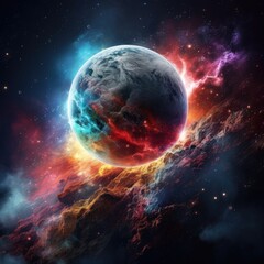 Planet Earth with Moon and Colorful Nebula on background